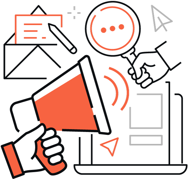 Import Wiederverkauf Grenzüberschreitende EG Grafische Darstellung von digitalen Marketinginstrumenten wie Megaphon, Suchsymbol, Handy, Dokumente usw., dargestellt in orangefarbenem und schwarzem Farbschema.